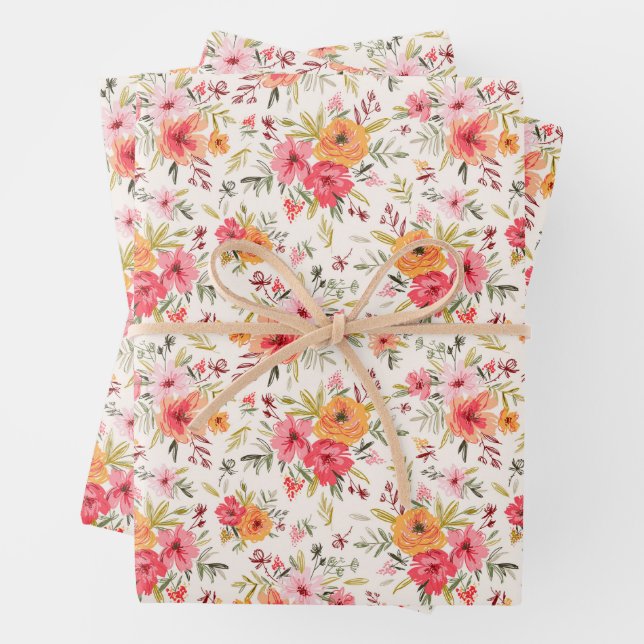 Feuille De Papier Cadeau Motif à fleurs Orange Doodle Garden (En situation)