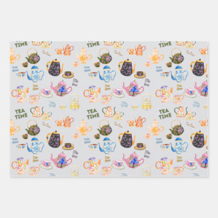Feuille De Papier Cadeau motif à l'heure du thé - tasses à thé et théière d