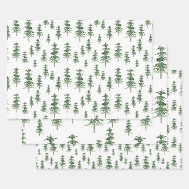 Feuille De Papier Cadeau Motif Arbre de pins aquarelle (Lot)