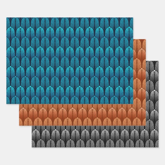 Feuille De Papier Cadeau Motif Art Déco, Bleu, Cuivre, Eau (Lot)