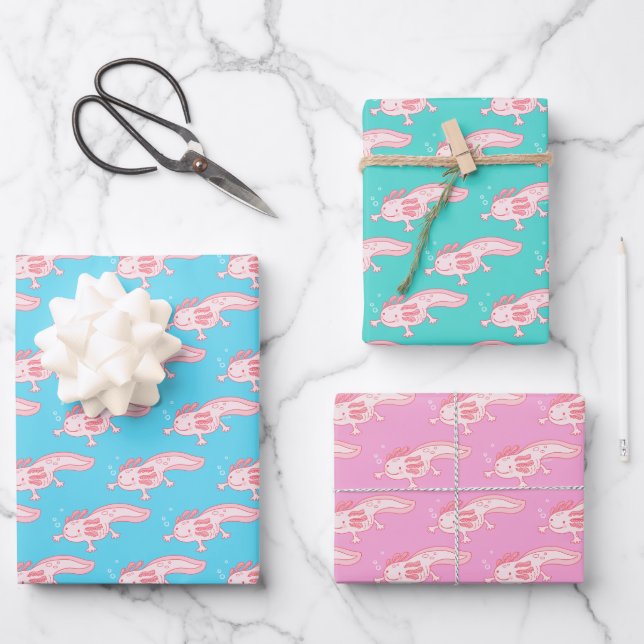 Feuille De Papier Cadeau Motif Axolotl rose (Recto)