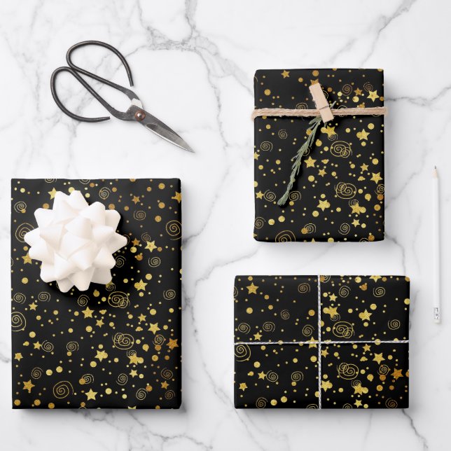 Feuille De Papier Cadeau Motif Black & Golden Star (Recto)