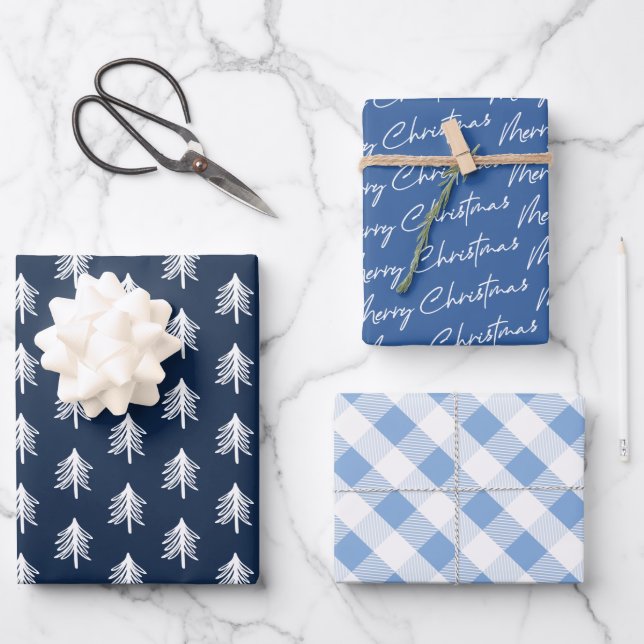 Feuille De Papier Cadeau Motif bleu plaid Noël (Recto)