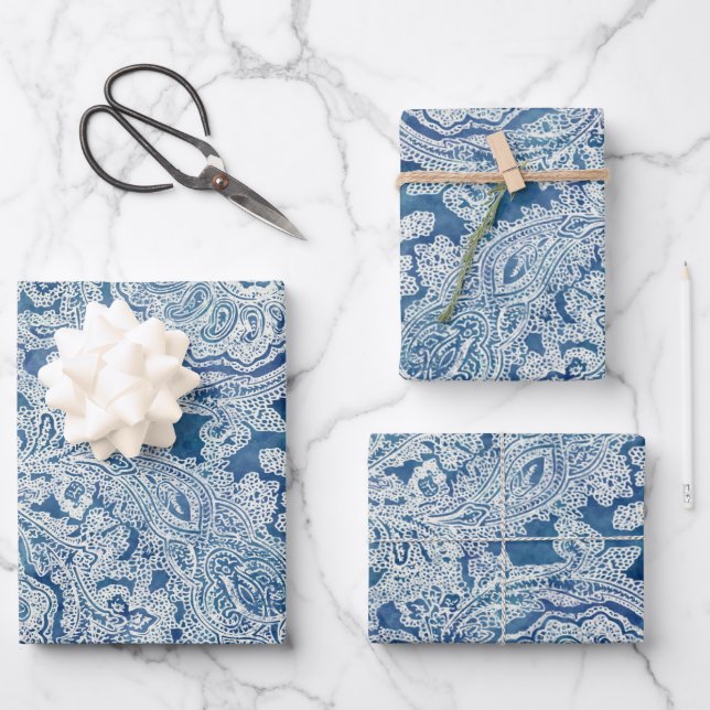 Feuille De Papier Cadeau Motif Blue Boho Lace Paisley (Recto)