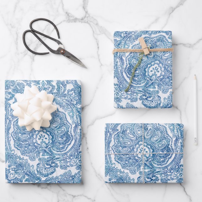 Feuille De Papier Cadeau Motif Blue Boho Lace Paisley (Recto)