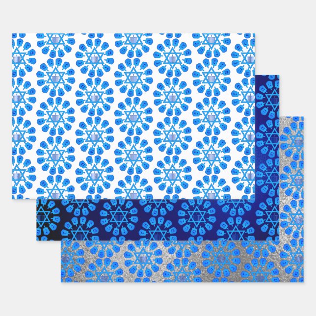 Feuille De Papier Cadeau Motif Blue White & Silver Hanoukka (Lot)