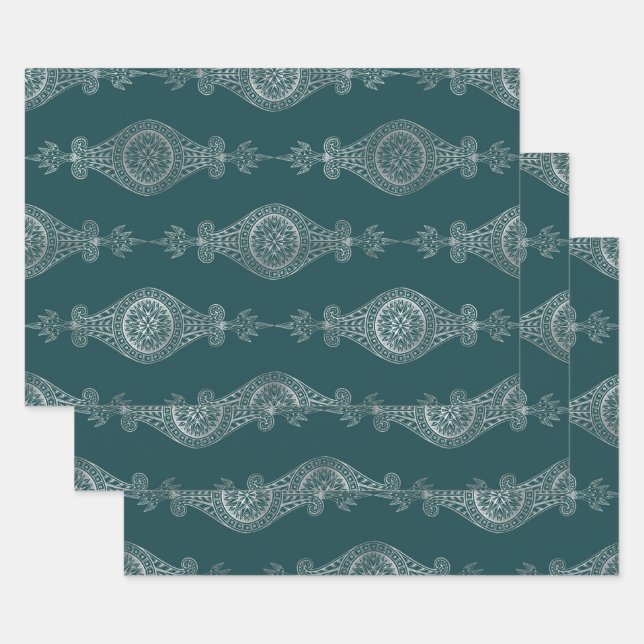 Feuille De Papier Cadeau Motif Boho Abstrait Turquoise et argenté (Lot)