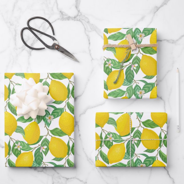 Feuille De Papier Cadeau Motif citron blanc jaune (Recto)