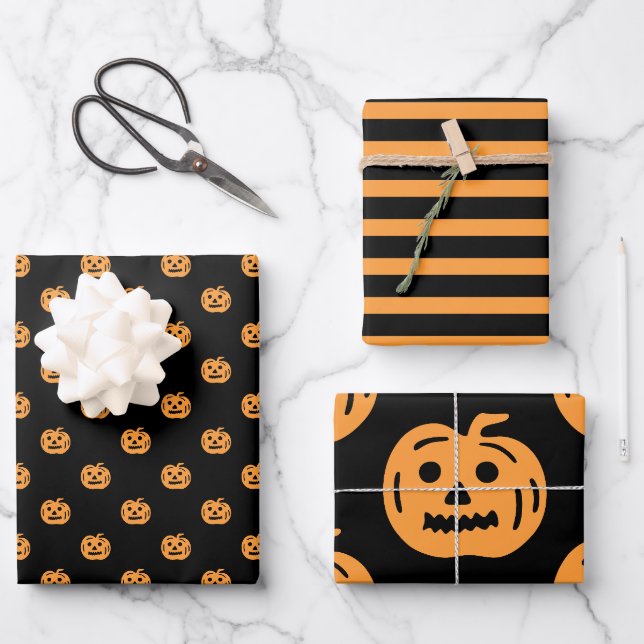 Feuille De Papier Cadeau Motif Citrouille d'Halloween mignon mixte (Recto)