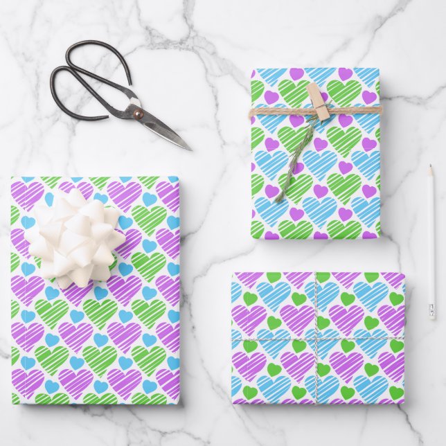 Feuille De Papier Cadeau Motif Cœurs Bleu Vert Violet (Recto)