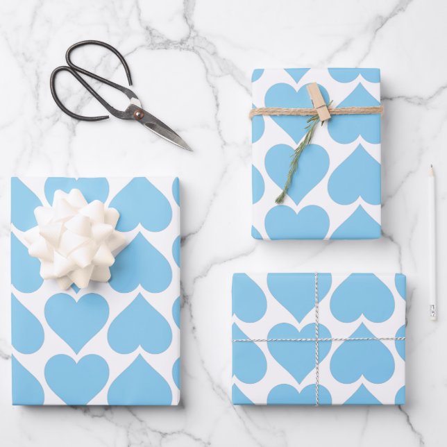 Feuille De Papier Cadeau Motif Cœurs Bleus, Romantique, Amour (Recto)