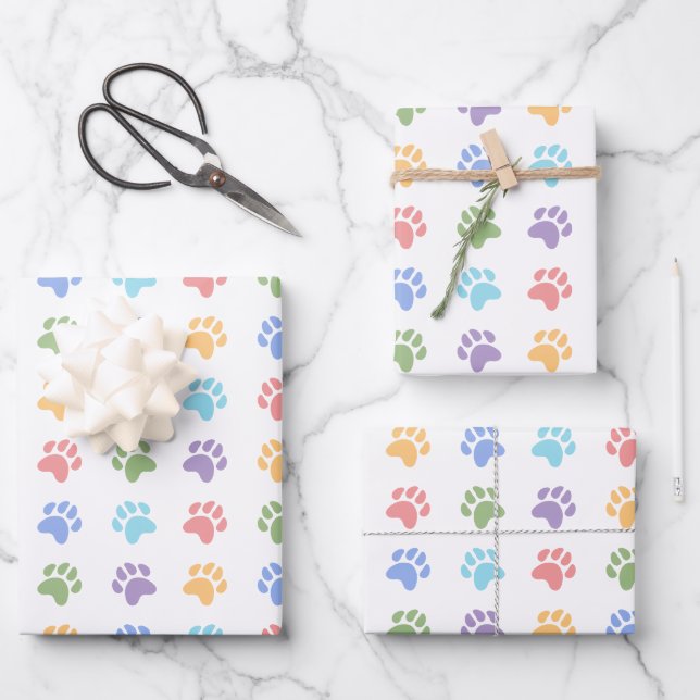 Feuille De Papier Cadeau Motif Coloré Des Empreintes de pattes Animaux Chie (Recto)