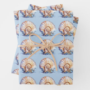 Feuille De Papier Cadeau Motif coquillage bleu ivoire mariage plage