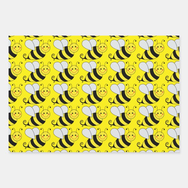 Feuille De Papier Cadeau Motif d'abeilles mignonne | Jaune (Devant)