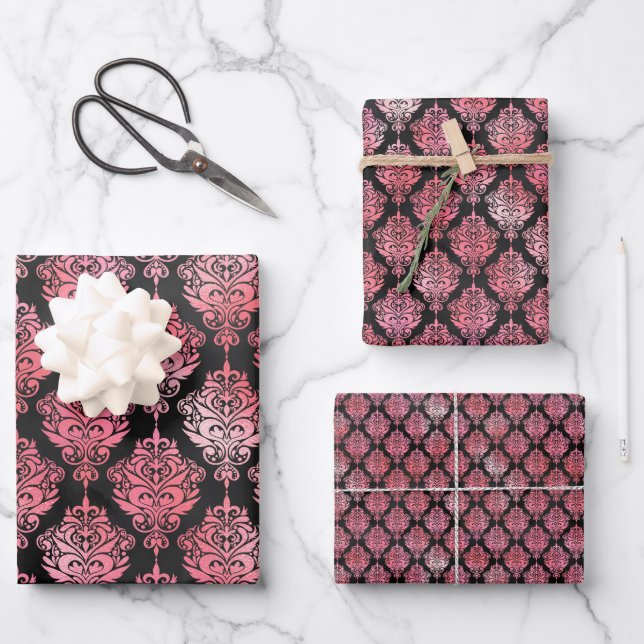 Feuille De Papier Cadeau Motif Damas rose et noir (Recto)