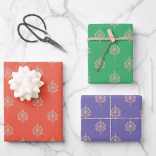 Feuille De Papier Cadeau Motif damassé orné en orange, violet et vert