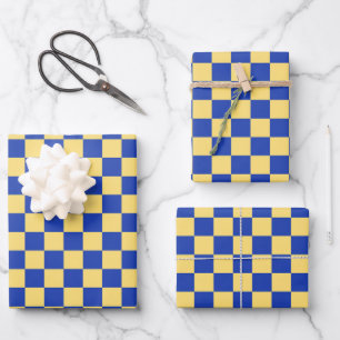 Feuille De Papier Cadeau Motif damier jaune bout et bleu