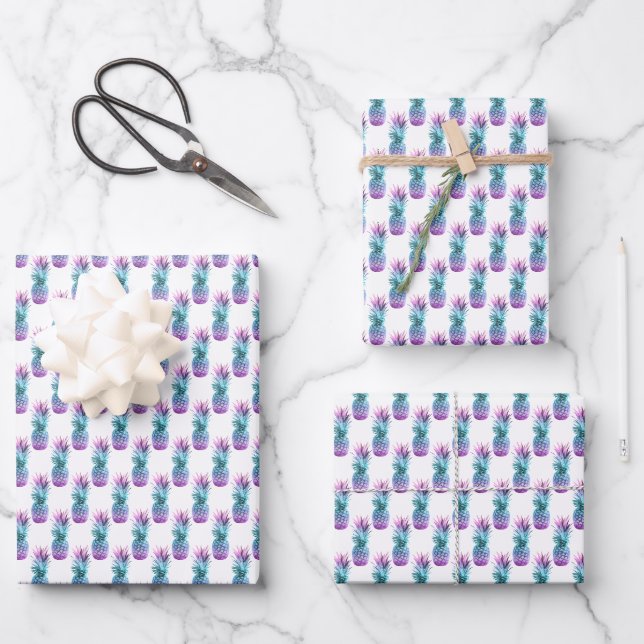 Feuille De Papier Cadeau Motif d'ananas bleu Turquoise pourpre (Recto)