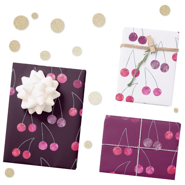 Feuille De Papier Cadeau Motif d'aquarelle de cerises (Watercolor cherries pattern gift wrapping paper sheets)