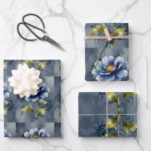 Feuille De Papier Cadeau Motif d'aquarelle de fleurs bleues