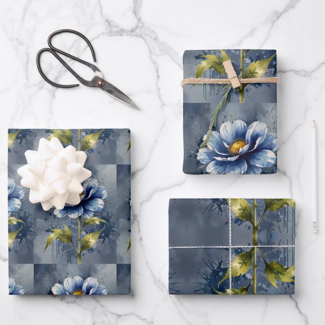 Feuille De Papier Cadeau Motif d'aquarelle de fleurs bleues (Recto)
