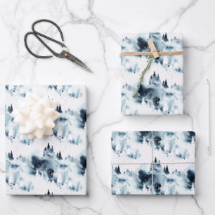 Feuille De Papier Cadeau Motif d'aquarelle de la forêt bleue de minuit