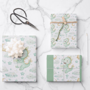 Feuille De Papier Cadeau Motif d'aquarelle Green Dragon Baby Pastel