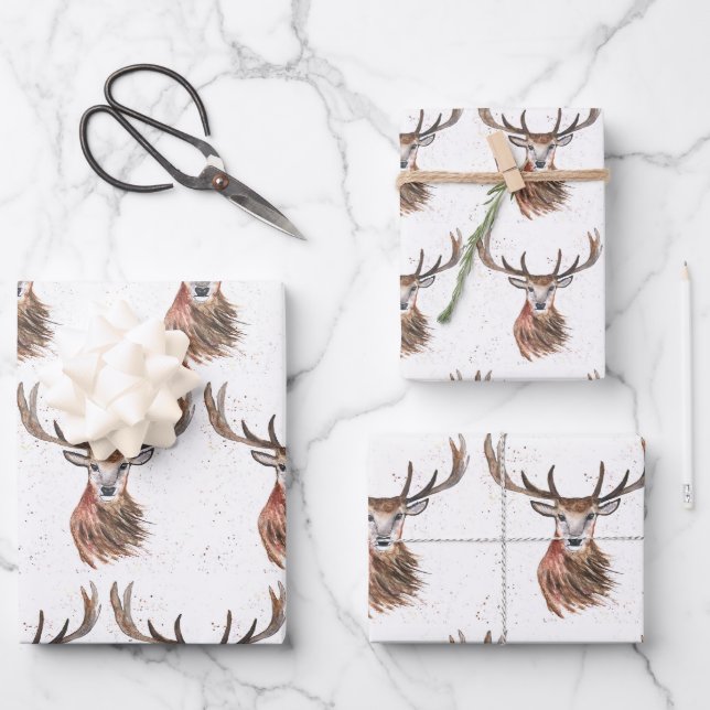 Feuille De Papier Cadeau Motif d'aquarelle Noël cerf Bois Brown (Recto)