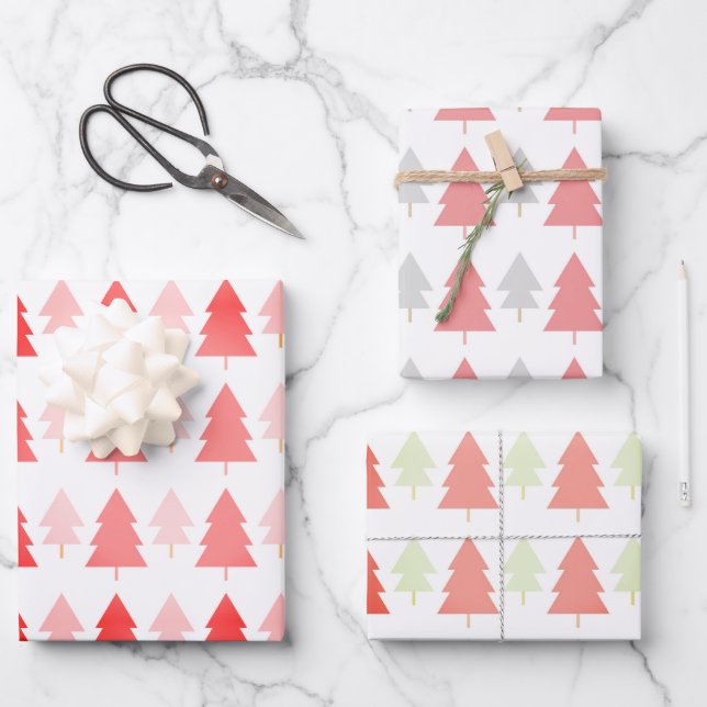 Feuille De Papier Cadeau Motif d'arbre de Noël rose (Recto)