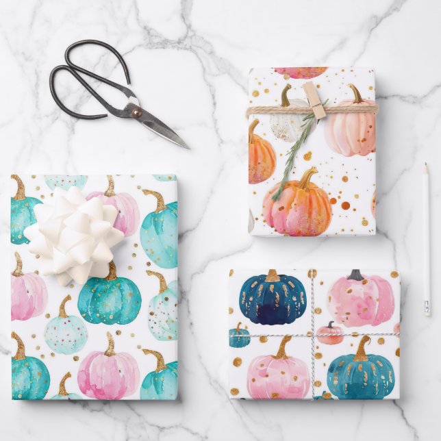 Feuille De Papier Cadeau Motif d'automne Citrouille aquarelle (Recto)