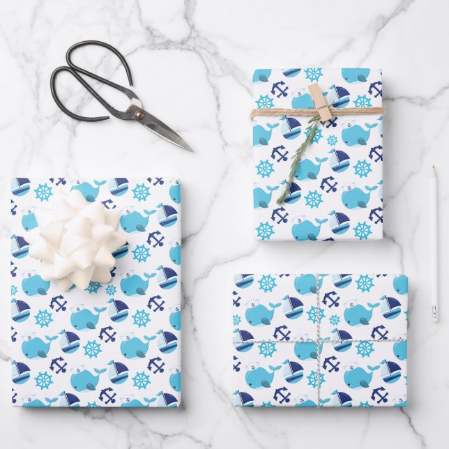 Feuille De Papier Cadeau Motif De Baleines, Beaux Baleines, Baleines Bleues (Recto)