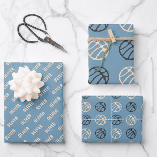 Feuille De Papier Cadeau Motif de ballon de basket-ball Nom Bleu