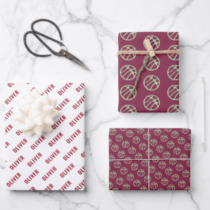 Feuille De Papier Cadeau Motif de ballon de basket-ball rouge nom