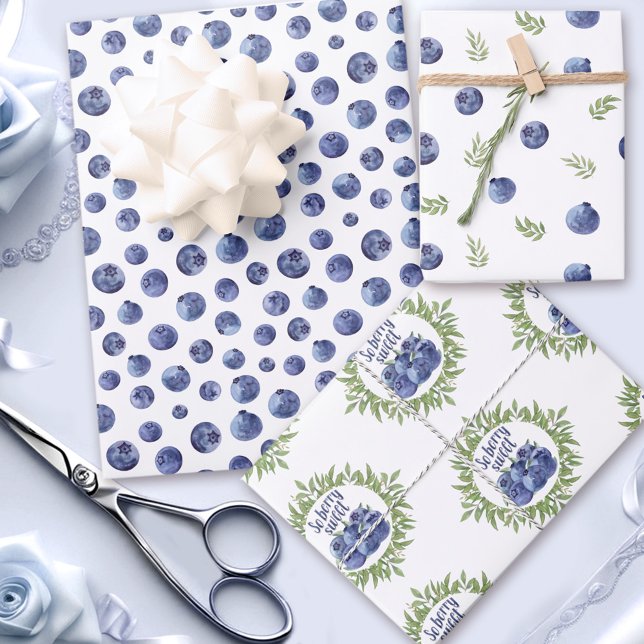 Feuille De Papier Cadeau Motif de bleuets d'aquarelle (Watercolor blueberries pattern wrapping paper sheets)