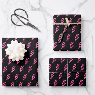 Feuille De Papier Cadeau Motif de boulon à éclair de néon rose