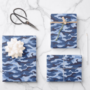 Feuille De Papier Cadeau Motif de camouflage bleu foncé