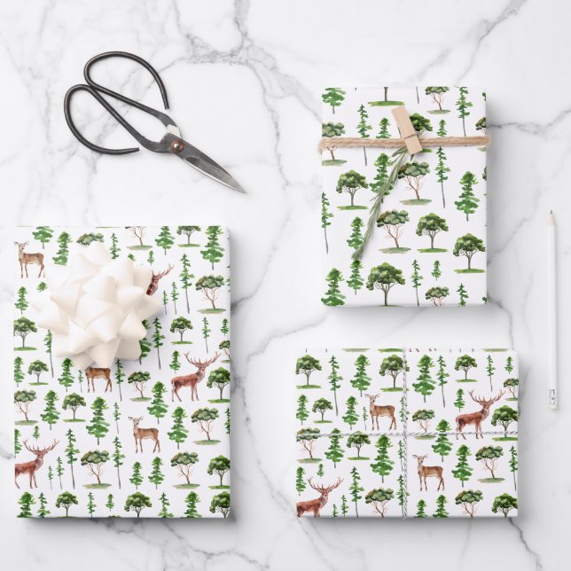 Feuille De Papier Cadeau Motif de cerfs et d'arbres rustiques (Recto)