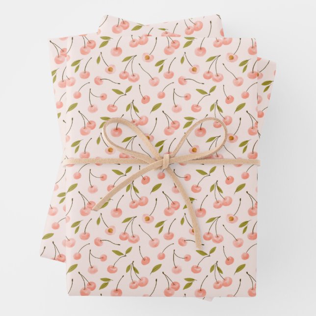Feuille De Papier Cadeau Motif de cerise aquarelle (En situation)