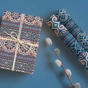 Feuille De Papier Cadeau Motif de chandail d'hiver bleu et bracelet scandin