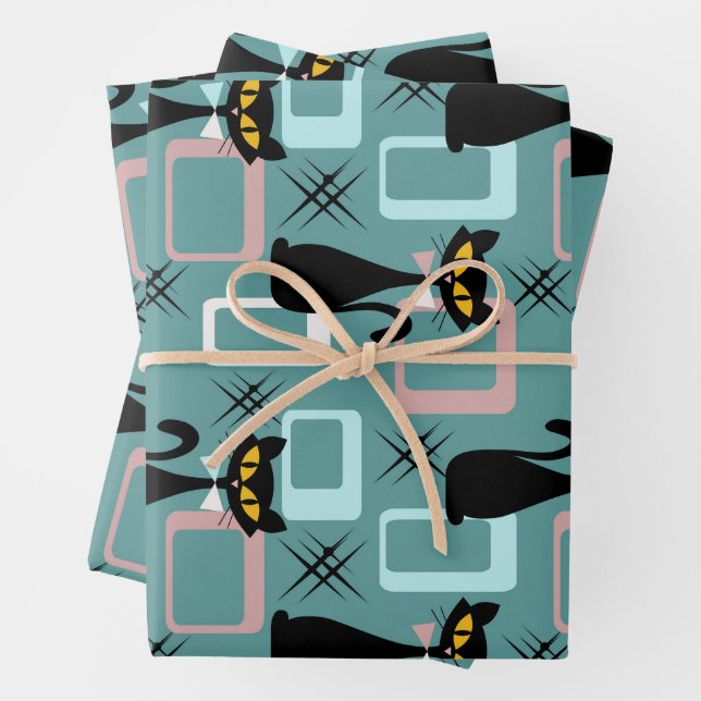 Feuille De Papier Cadeau Motif de chat noir du milieu du siècle (En situation)