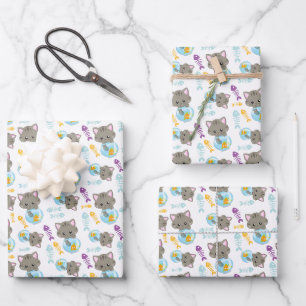 Feuille De Papier Cadeau Motif De Chats, Chats Mignons, Chatons, Poisson