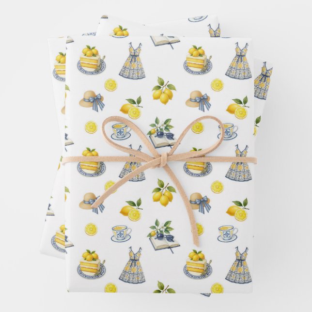Feuille De Papier Cadeau Motif de citron d'été méditerranéen (En situation)