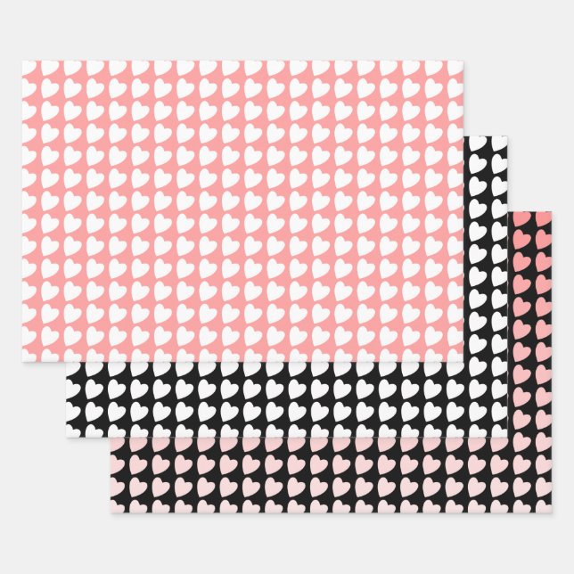 Feuille De Papier Cadeau Motif de coeur en noir, blanc et rose (Lot)