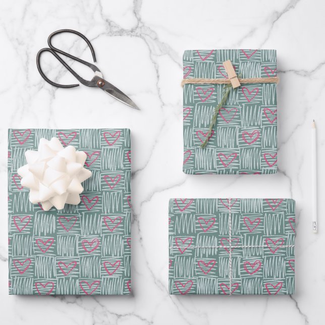 Feuille De Papier Cadeau Motif de Coeurs verts à la main (Recto)