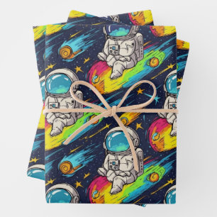 Feuille De Papier Cadeau Motif de course de météore d'astronaute cosmique