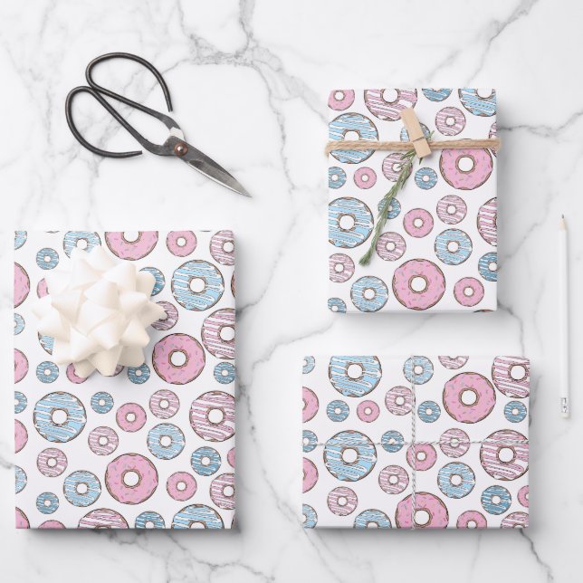 Feuille De Papier Cadeau Motif De Donuts, Donuts Roses, Donuts Bleus (Recto)
