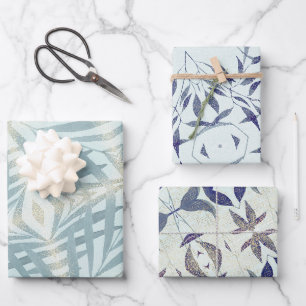 Feuille De Papier Cadeau Motif de feuillage bleu scintillant