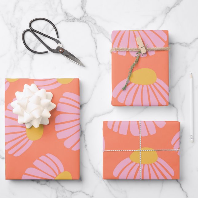 Feuille De Papier Cadeau Motif de fleur rose et orange (Recto)