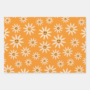 Feuille De Papier Cadeau Motif de fleurs blanches rétro souriantes joyeuses