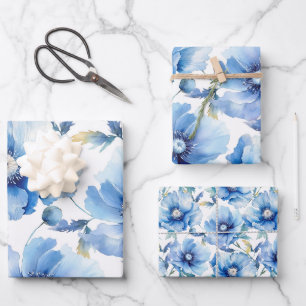 Feuille De Papier Cadeau Motif de fleurs Blue Poppies
